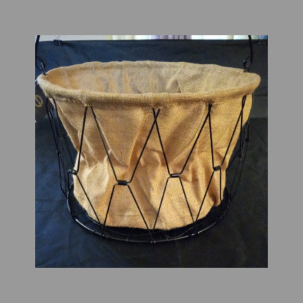 Collapsible Wire Basket with Burlap inside bag.